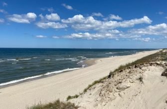 Побережье Балтийской косы с песчаным пляжем и дюнами в Калининградской области