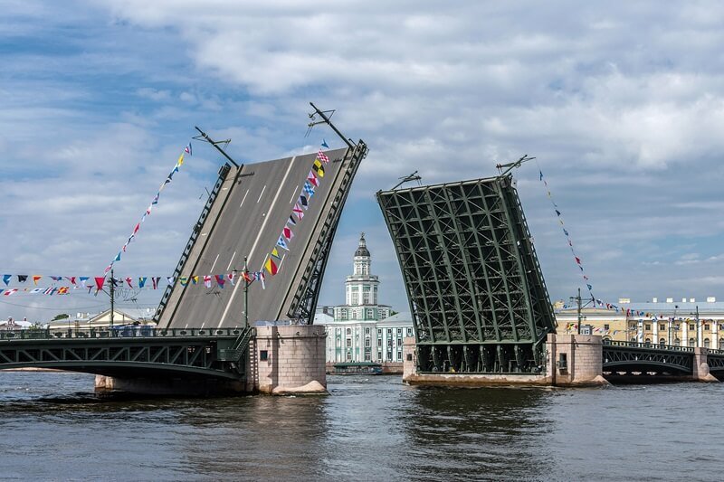 Дневная разводка Дворцового моста во время праздника — Санкт-Петербург, вид на Кунсткамеру Дворцовый мост в Санкт-Петербурге, разведенный днём и украшенный флагами на фоне Кунсткамеры
