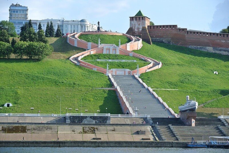 Чкаловская лестница в Нижнем Новгороде — символ города на берегу Волги Чкаловская лестница в Нижнем Новгороде — вид снизу на симметричный каскад с памятником Чкалову и кремлевской стеной