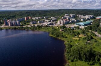 Кондопога с высоты и Онежское озеро